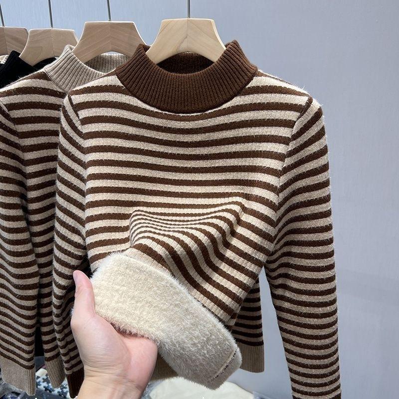 Sweater for Women Autumn Winter Thickened Warm Knitted Stripes Stretchy Long Sleeve Tops