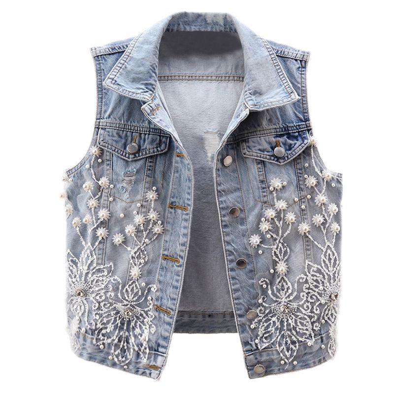Frühling und Sommer Schwerlast Blumen Denim Weste Damen Kurz Zerrissene Weste Weste Weste Top