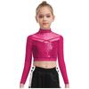 Dziewczęcy Crop Top do Tańca Jazzowego z Wysokim Dekoltem i Długim Rękawem, Przezroczysta Siateczka, Patchwork, Błyszczące Płatki, Kostium na Występ