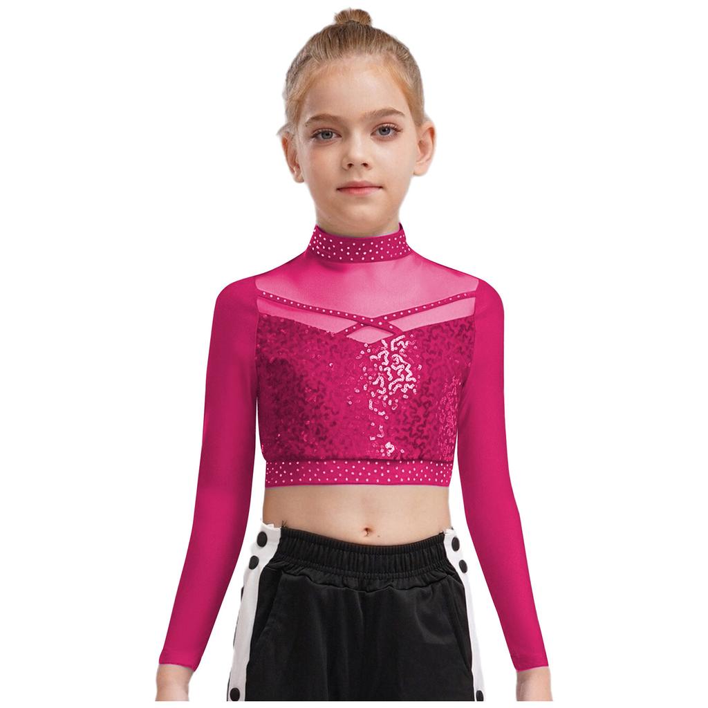 Dziewczęcy Crop Top do Tańca Jazzowego z Wysokim Dekoltem i Długim Rękawem, Przezroczysta Siateczka, Patchwork, Błyszczące Płatki, Kostium na Występ