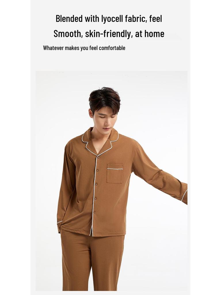 Piżama męska rozpinana Tencel 5A antybakteryjna - Z długim rękawem, z klapami, do noszenia w domu lub na zewnątrz