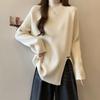 Women's Plus Size Ribbed Knit Split Long Sleeve Top, Autumn/Winter Korean Style, Half-High Neck, Loose Slimming Fit
