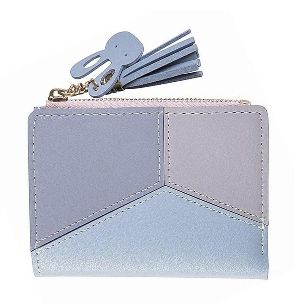 Women Wallet PU Leather Zipper Closure Multi Pocket Color Splicing Trendy Practical Lady Wallet Blue Free Size