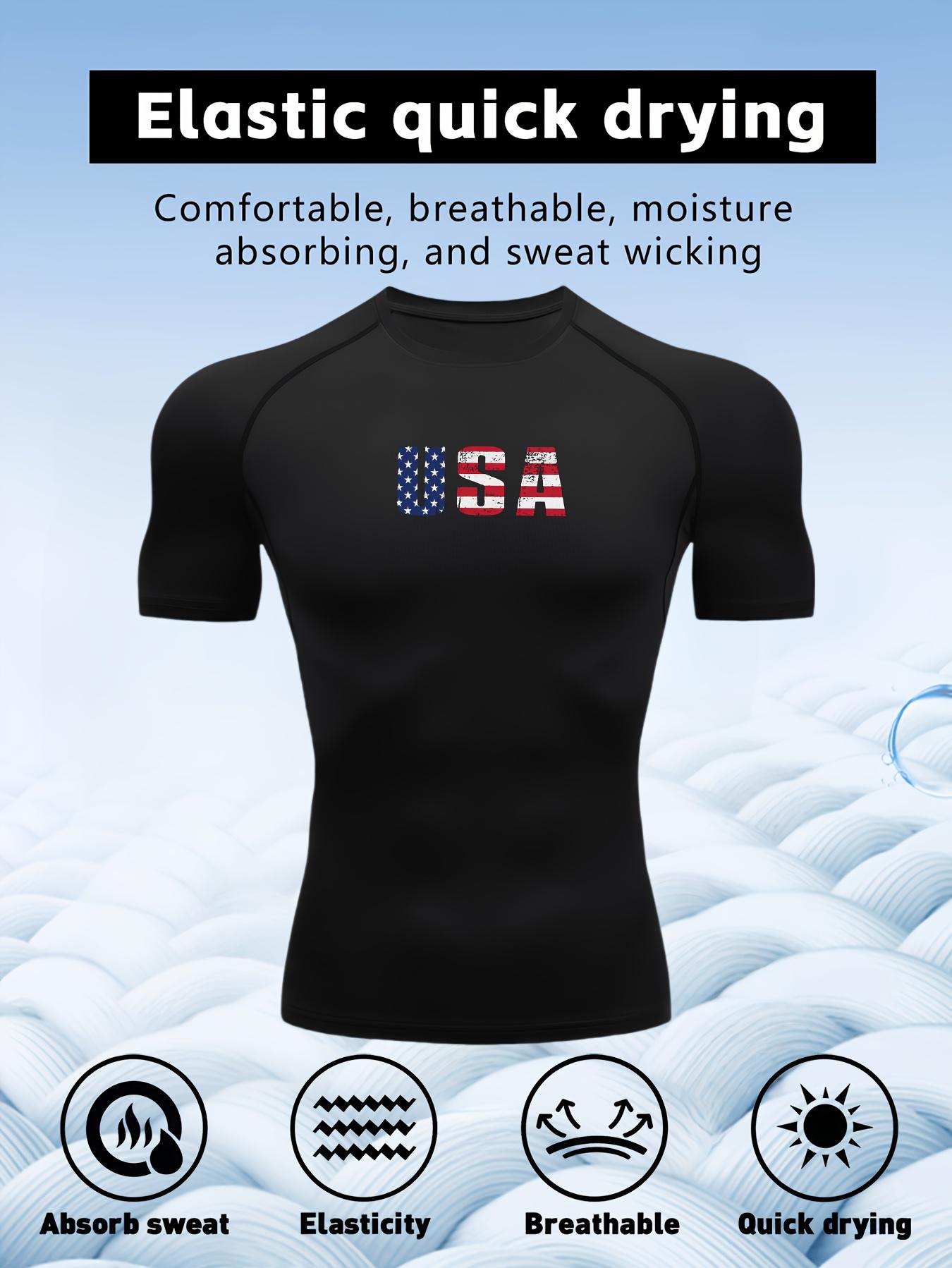 Men s White Compression T-Shirt with USA American Flag Print, Elastic Quick Drying Breathable Gym Workout & Sports Training Top S чёрный