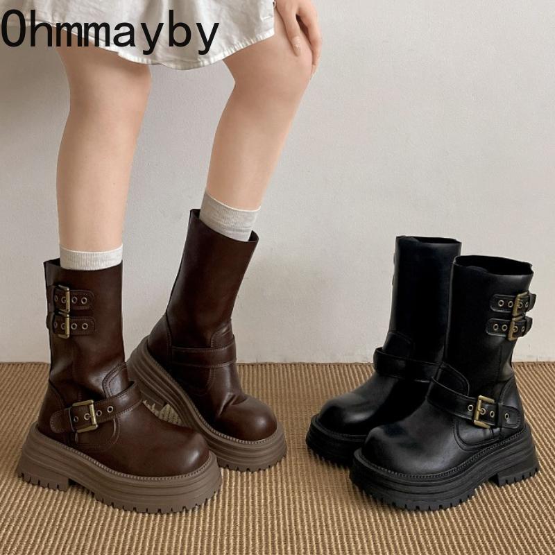 Design Belt Buckle Woman Short Boots Fashion Platform Heels Knight Booties Autumn Winter Ladies Shoes Mujer