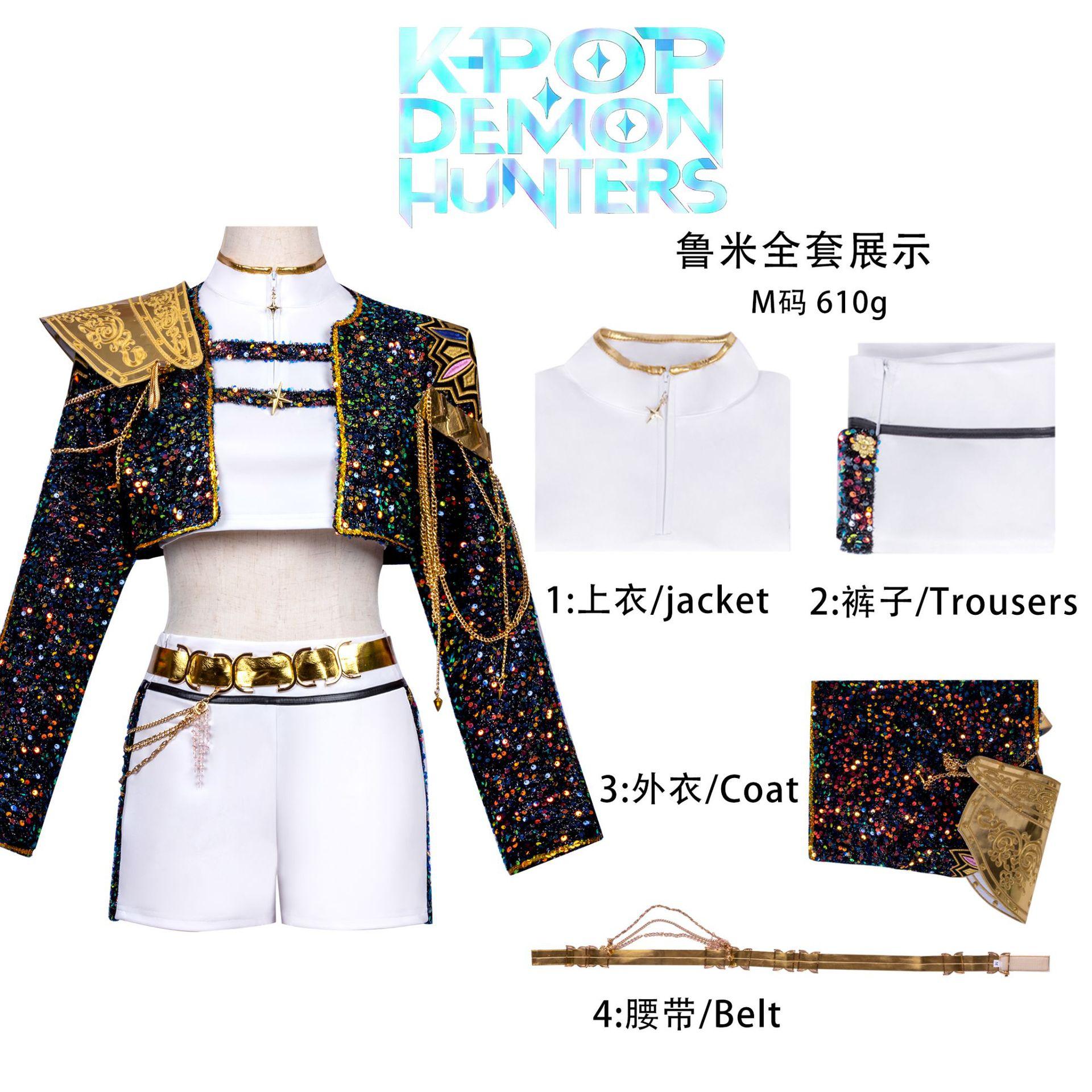 

2025 Hot Woman Rumi Zoey Mira Cosplay Costume Black Golden Shiny Uniform KPop Demon Hunters Costume Outfit for Adult Kid 140