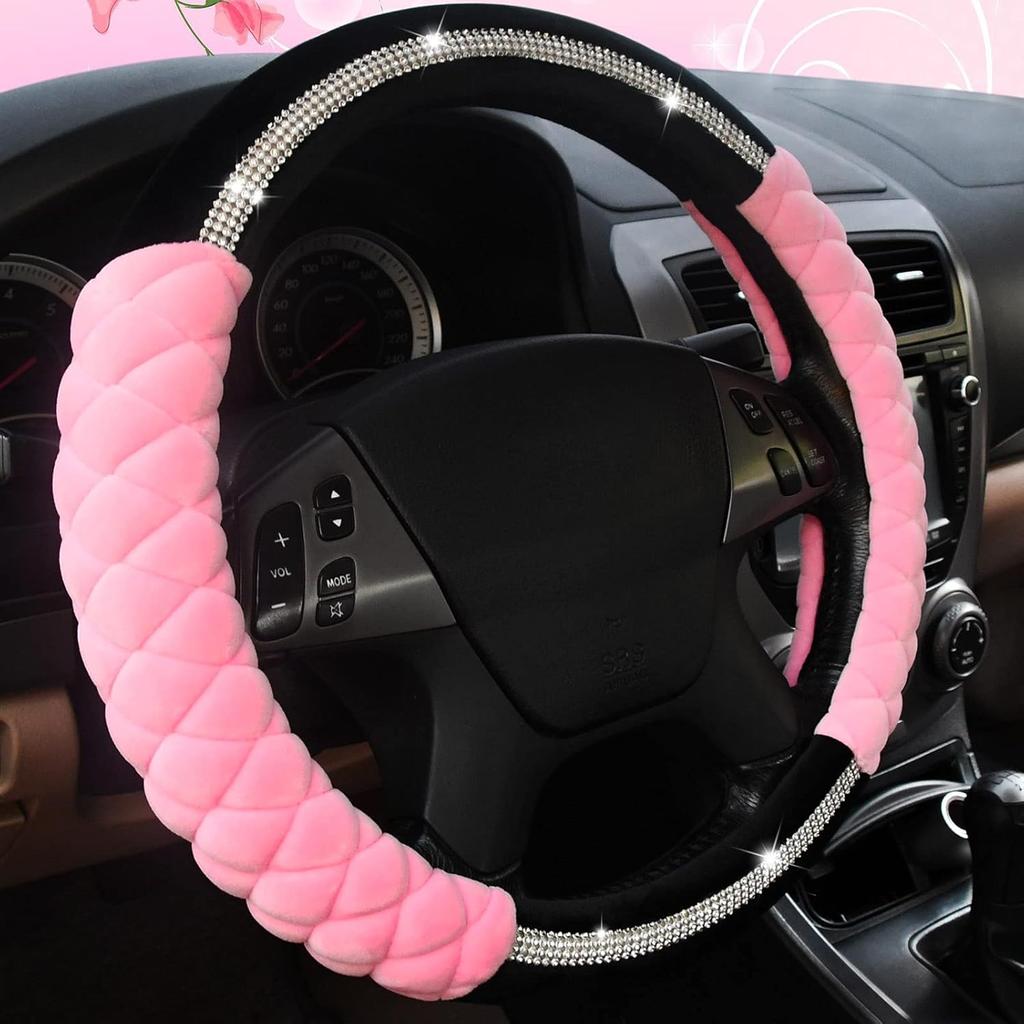 Bling Bling Steering Wheel Cover Universal Luxury Plush Belt Crystal Rhinestone Non-Slip Wheel Protective Cover Women's Girls New 15 Inches Gray