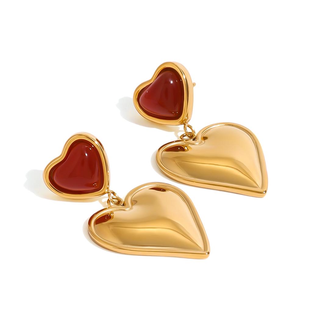 Youthway Retro Trendy Gold Plated Stainless Steel Natural Stone Heart-Shaped Stud Earrings For Women Anti Allergic Jewelry