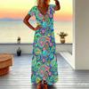 Women Plus Size V Neck Short Sleeve Maxi Dress Retro Paisley Print Loose Fit Summer Beach Long Dress