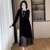 Autumn and Winter Base Inner Wear, Velvet Splicing Dress, Bubble Sleeve Medium and Long Large Size Dress for Women