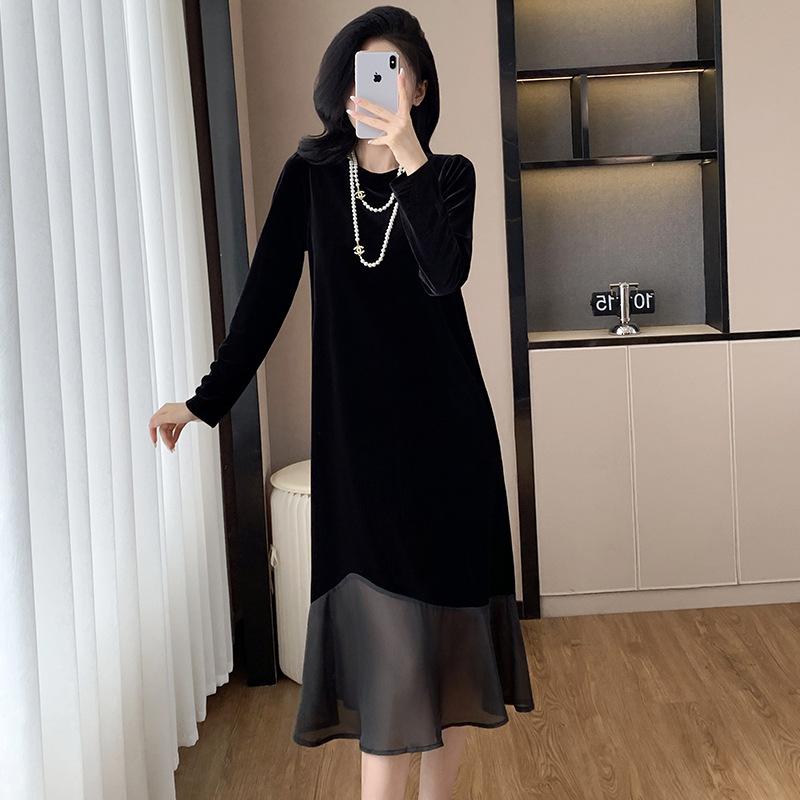 Autumn and Winter Base Inner Wear, Velvet Splicing Dress, Bubble Sleeve Medium and Long Large Size Dress for Women