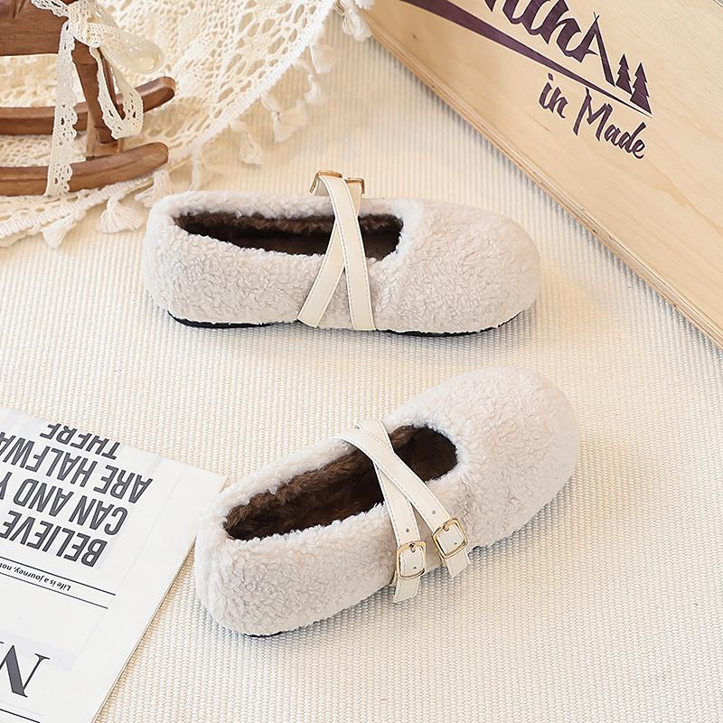 Toddler Girls Strappy Fuzzy Flats New Winter Kids Ballet Flats Soft Sole Non-slip Elegant Retro Girls School Party Shoes