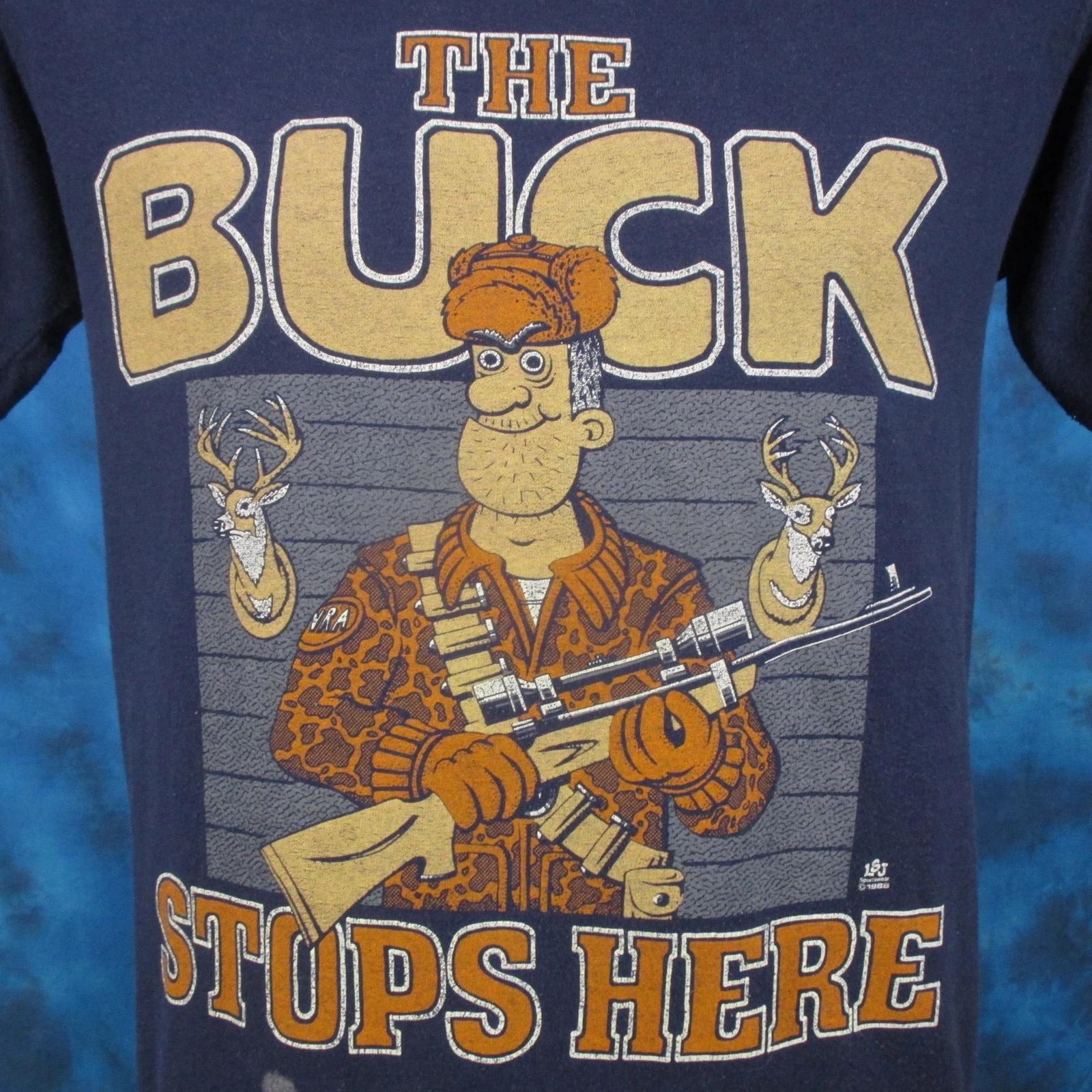 

vintage 80s THE BUCK STOPS HERE HUNTING CARTOON T-Shirt SMALL deer rifle thin M