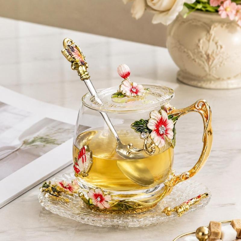 Clear Glass Tea Cup Set with Lid Spoon and Tray, Butterfly Cup Service for Breakfast Beverage and Household Use