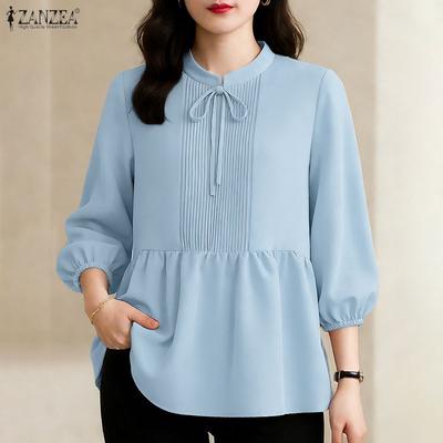 Women Casual Round Neck Solid Color 3/4 Sleeve Blouse