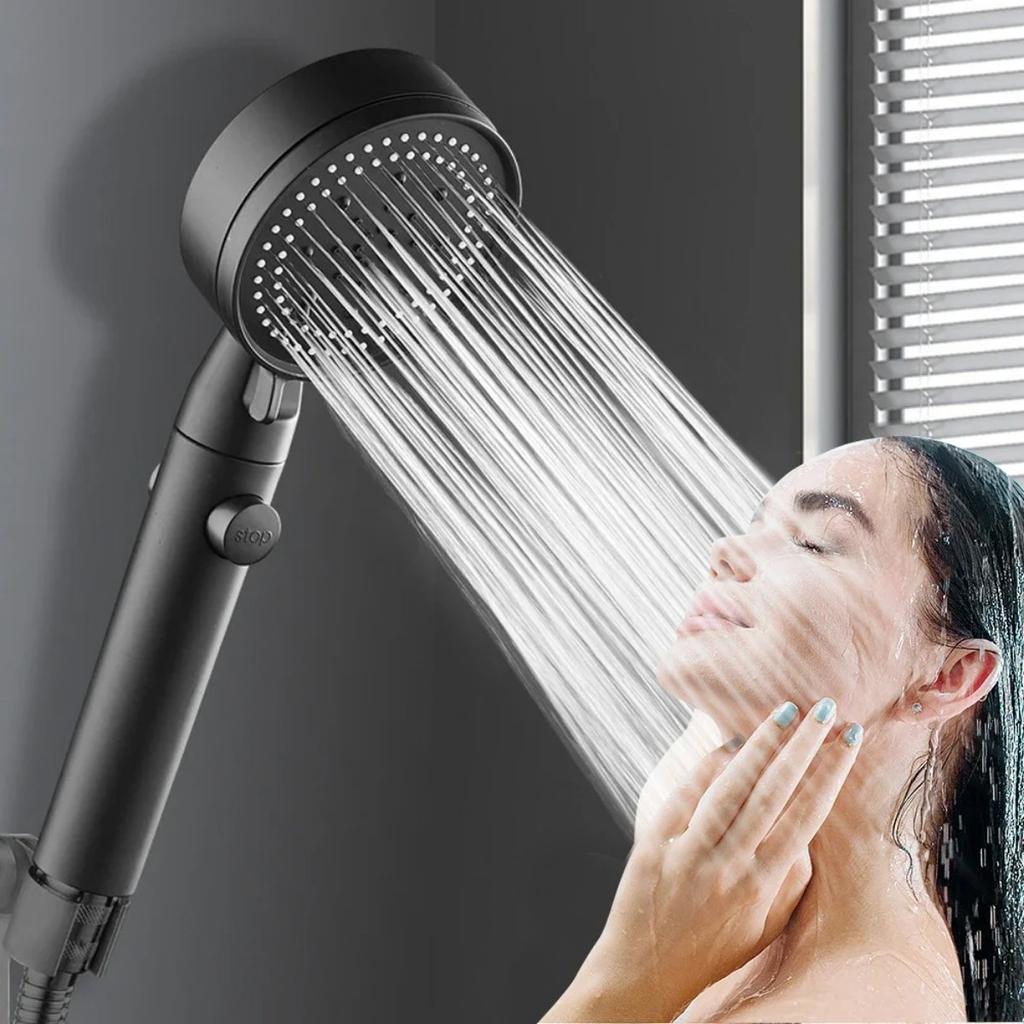Black Eco Shower Head with 5 Adjustable Modes, High Pressure, Water Saving, and One-Key Stop Water Massage