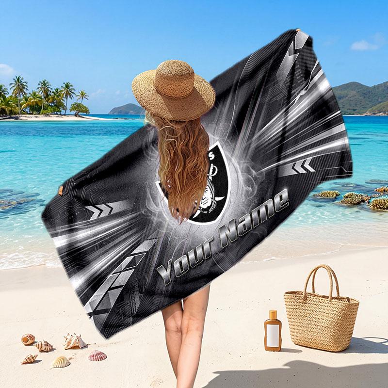 Las Vegas Raiders Customized Name Text Beach Towel, Soft Absorbent Towel Beach Pool Travel Personal Gift
