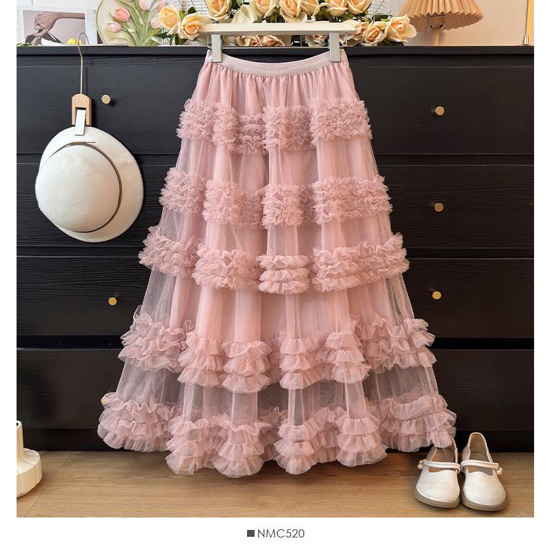 Sweet Style High Waist Ruffled Lace Gauze Maxi Skirt
