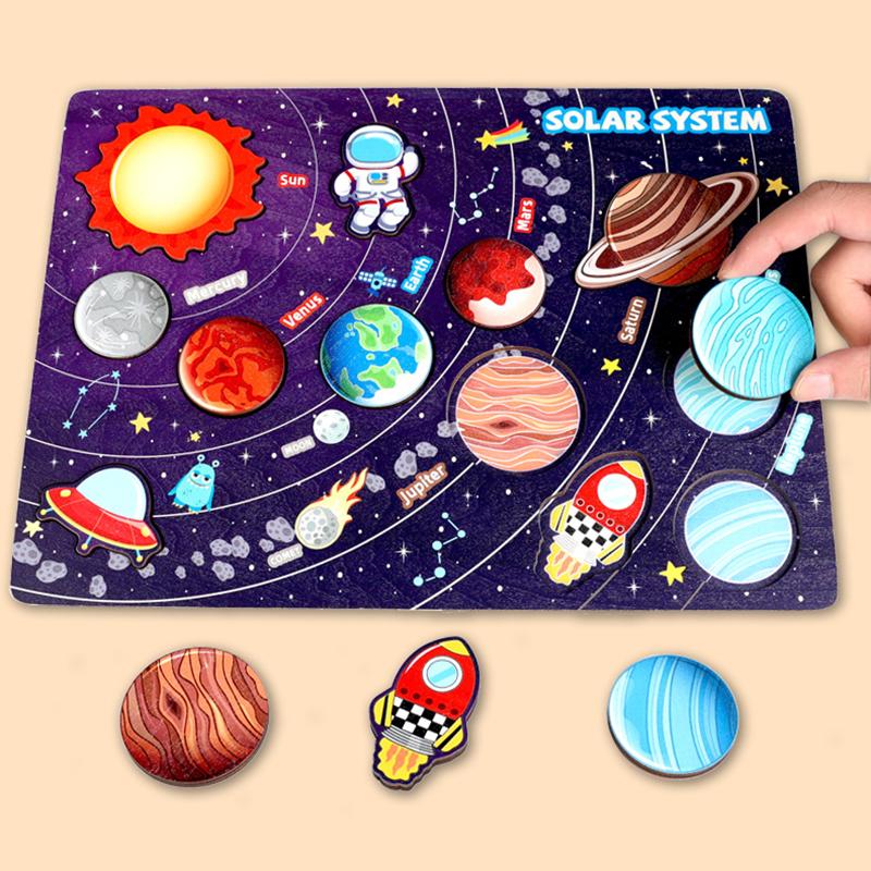 Holz Kinder Weltraum Planeten Puzzle Sonnensystem Planeten Spielzeug Planeten Zuordnungsspiel Puzzleschale Universum Wissenschaft Lernspielzeug
