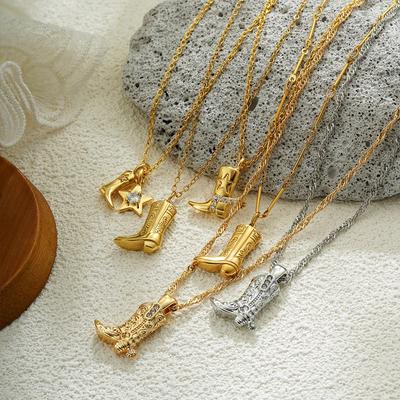 Vintage Texture Chunky Riding Boots Pendant Necklace 18K Gold Plated Cool Cowgirl Cowboy Boot Zircon Star Choker Party Zircon