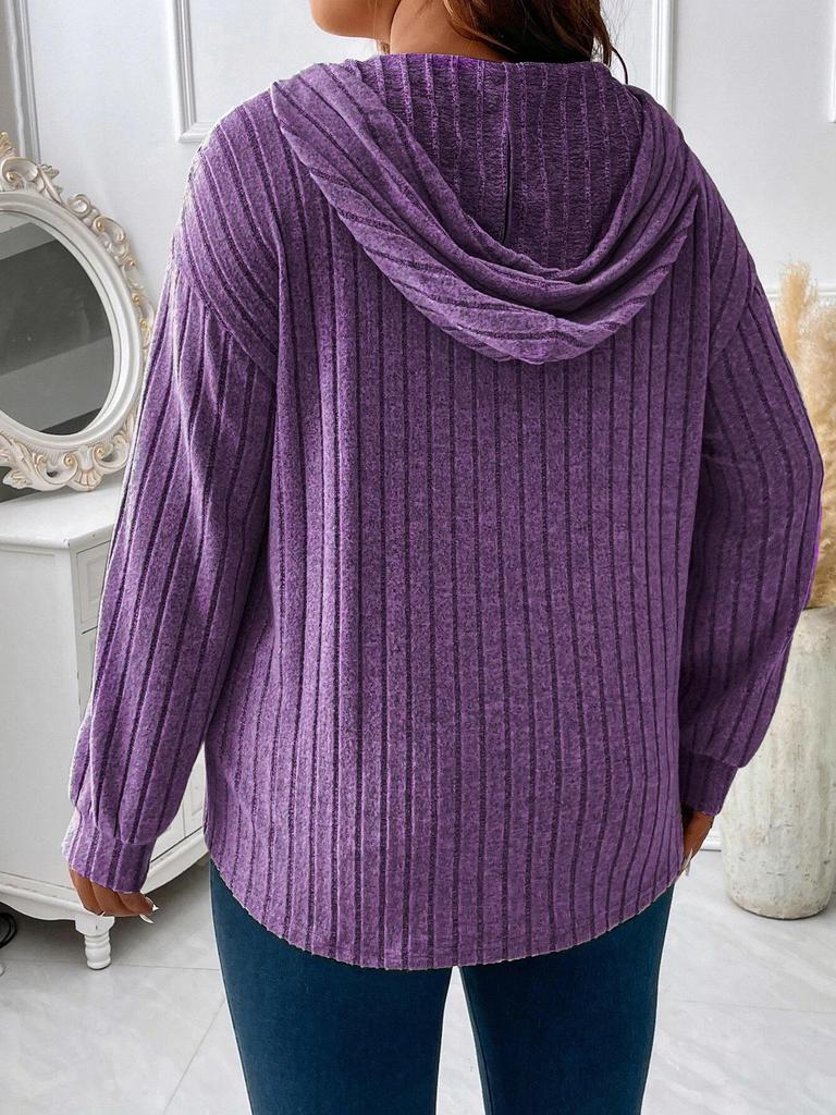 2025 Autumn/Winter V-Neck Plus Size Women's Hooded Ribbed Long Sleeve T-Shirt