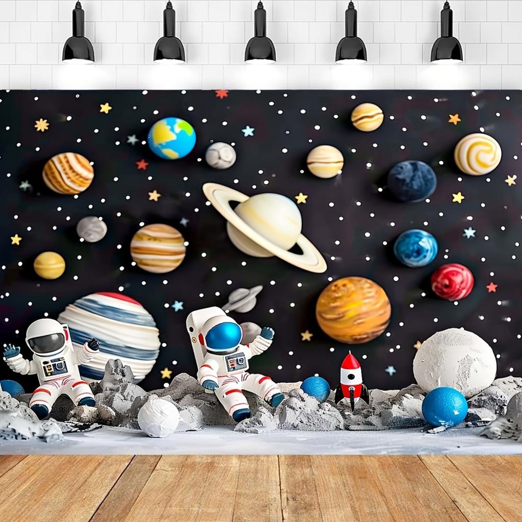 Space-themed photo backgrounds cartoon astronauts planets stars rocket spaceships polyester birthday parties
