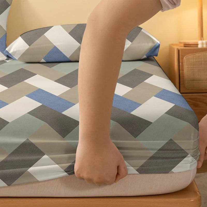 Simple 1 Modern Rectangular Geometry Printed Matte Fitted Sheet, Bedroom Printed Bed Cover, Bedding Excluding Pillowcases