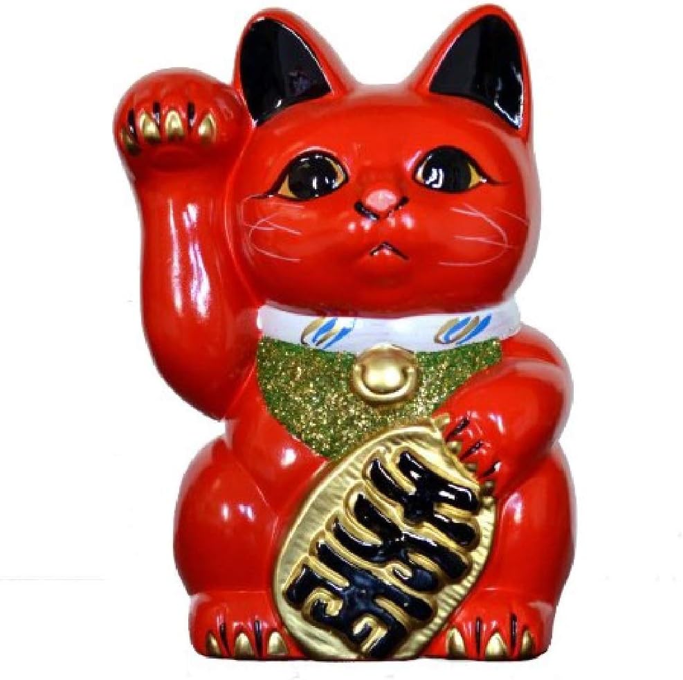 Tokoname Ware Red Maneki Neko Right Hand 19cm Tall Made In Japan