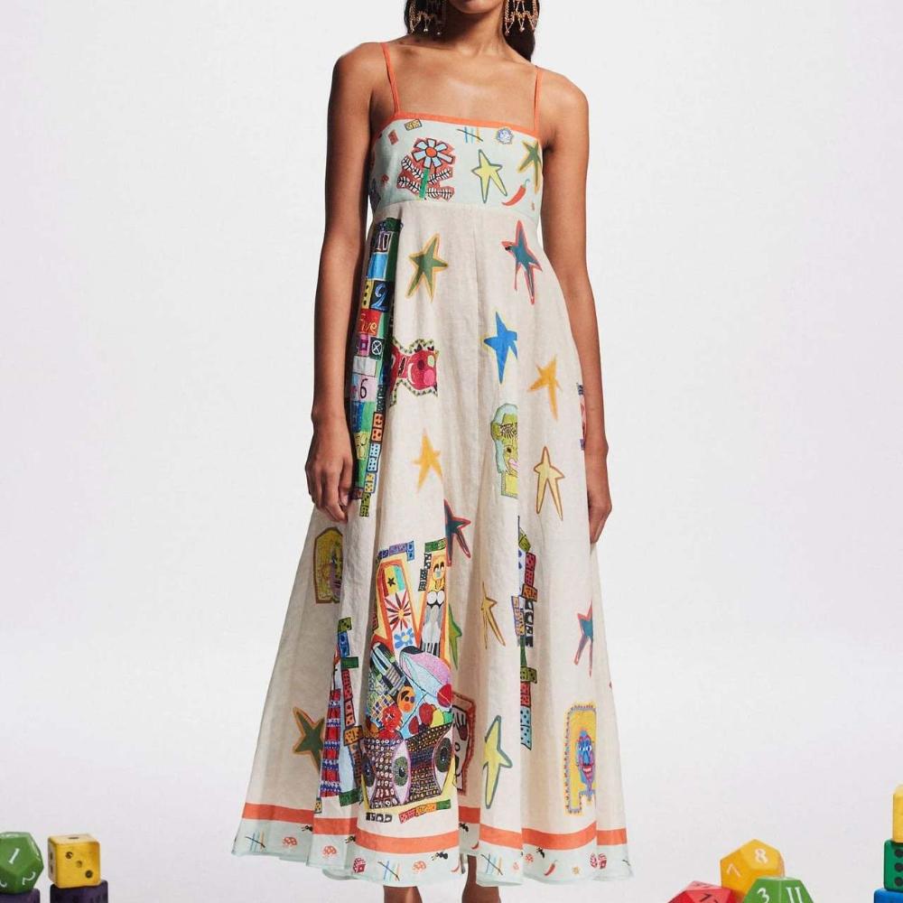 Women's Summer Casual Boho Long Sundress Strap Square Neck Sleeveless Maxi Dresses Flower Printed A Line Beach Dress for Women