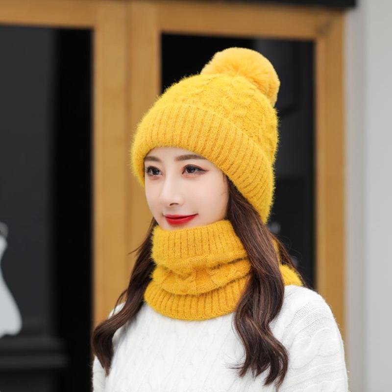 Hat Women's Autumn and Winter Wool Hat Versatile Scarf Set Hat Fashion Cycling Warm Fleece Thickened Knitted Hat