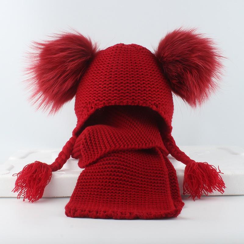 Kids Wool-Blend Knit Beanie With Double Pom Poms Ear Flaps Toddlers Ages 6M-12Y