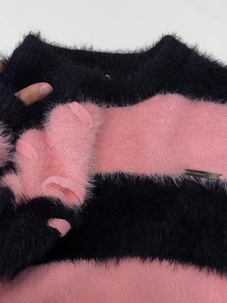 Men's Korean Style Striped Mink Velvet Sweater - Autumn/Winter Fluffy Loose Fit