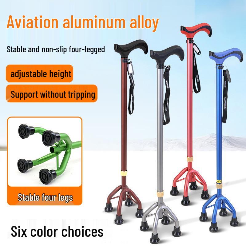 Lightweight Aluminum Alloy Four-Legged Cane with Soft Grip for Seniors - Anti-Slip, Adjustable Walking Stick.