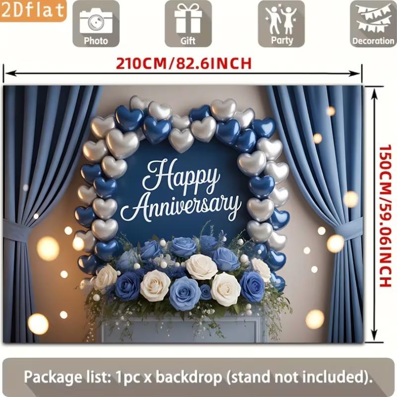 2D Wedding Anniversary Photography Background, Elegant Blue & White Flower Decor