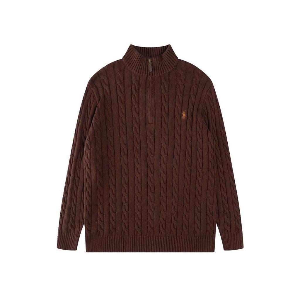 Herren Zopfmuster Pullover mit halbem Reißverschluss und gesticktem RL Pony Logo