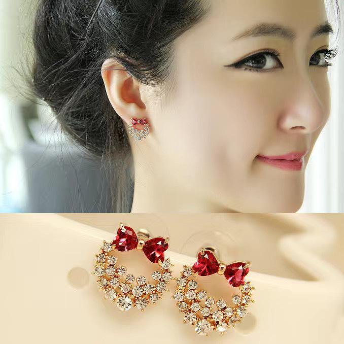 Korean-Style Red Bow Rhinestone Stud Earrings - Elegant  Versatile