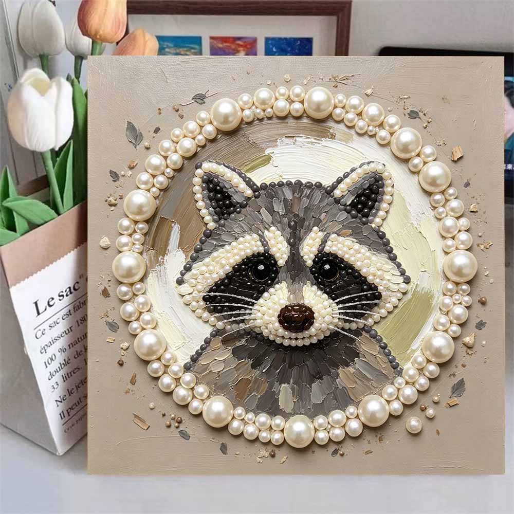 Adorable Raccoon Portrait Framed Pearl Painting Kit DIY 3D Sparkling Bead Canvas Art Relaxing Handmade Craft Gift for Women