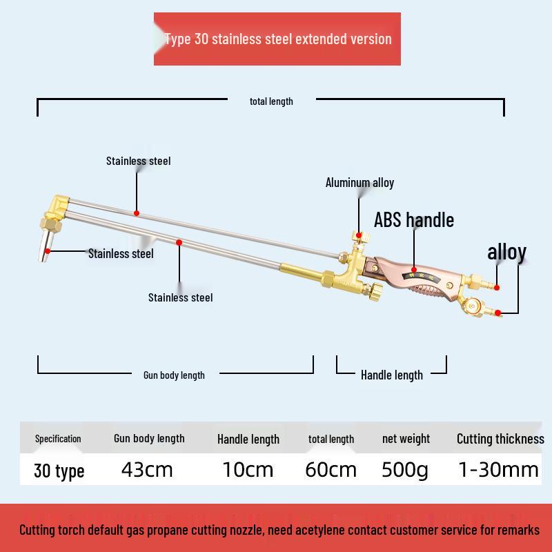 All-Copper Stainless Steel Extended & Thickened Oxygen Acetylene Cutting/Welding Torch Injector, Model G01-30/100/300.