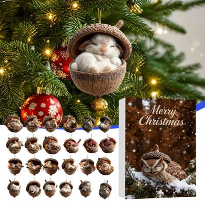 2025 Forest Animal Acorn Ornaments Advent Calendar 2D Acrylic Cozy Forest Christmas Ornaments Set Pinecone Animal Countdown Decoration for Xmas Tree