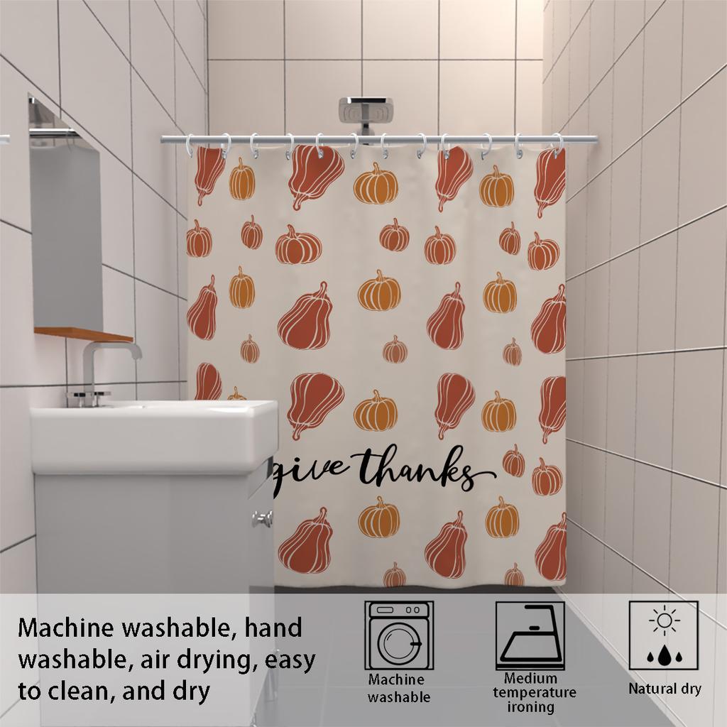 1pc Autumn Harvest Festival Pumpkin Print Waterproof Shower Privacy Hanging Curtain with 12 Hooks Multiple Size Machine Washable