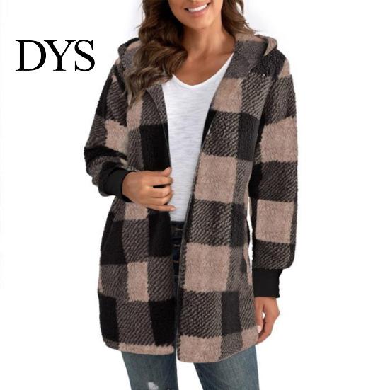 Women Button-up Sweater Coat Open Front Hooded Long Sleeve Easy To Wear Cardigan Plaid Print Knitting Loose Fit Mid-length Knitwear Cozy Knit