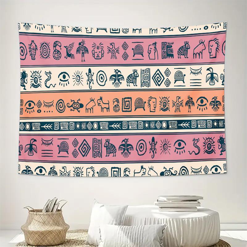 Ancient Tribal Symbol Pattern Wall Tapestry Machine Washable All Season Decor Art Print Ethnic Mythical Design Home Easy toclean