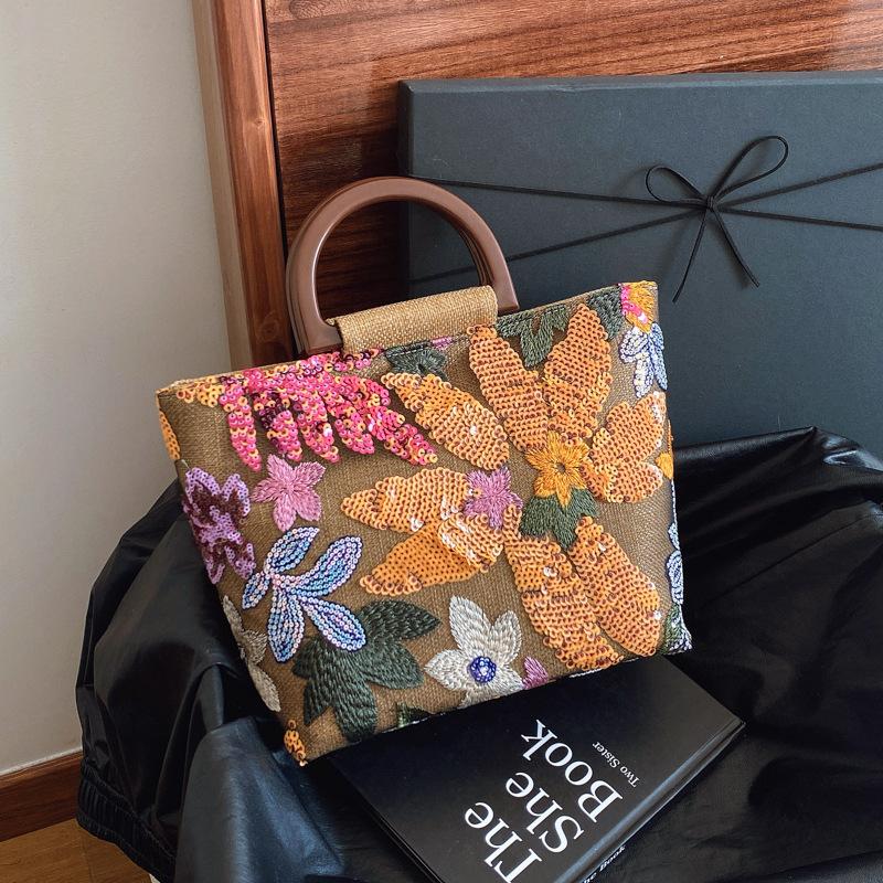 Summer New Arrival Bamboo Handle Elegant Colorful PVC Sequins Linen Embroidery Handheld Tote Bag for Women - Versatile