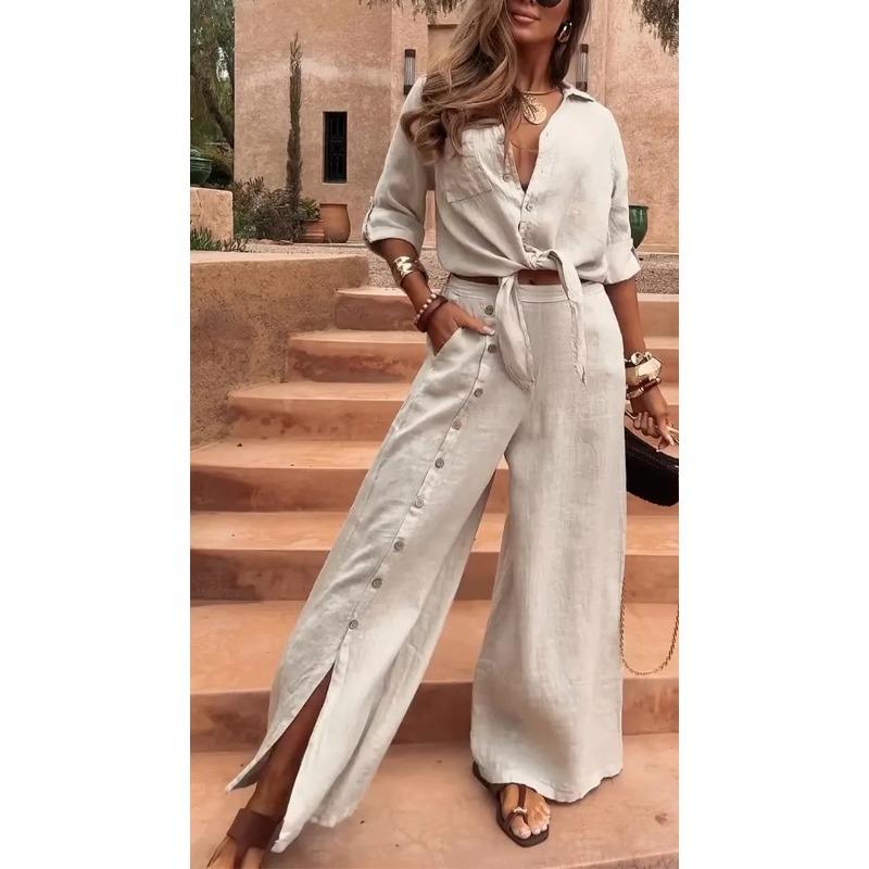 

women s Casual V Neck 3/4 Sleeve Button Top Split Wide Leg Pants 2 Piece Outfit Set 3XL