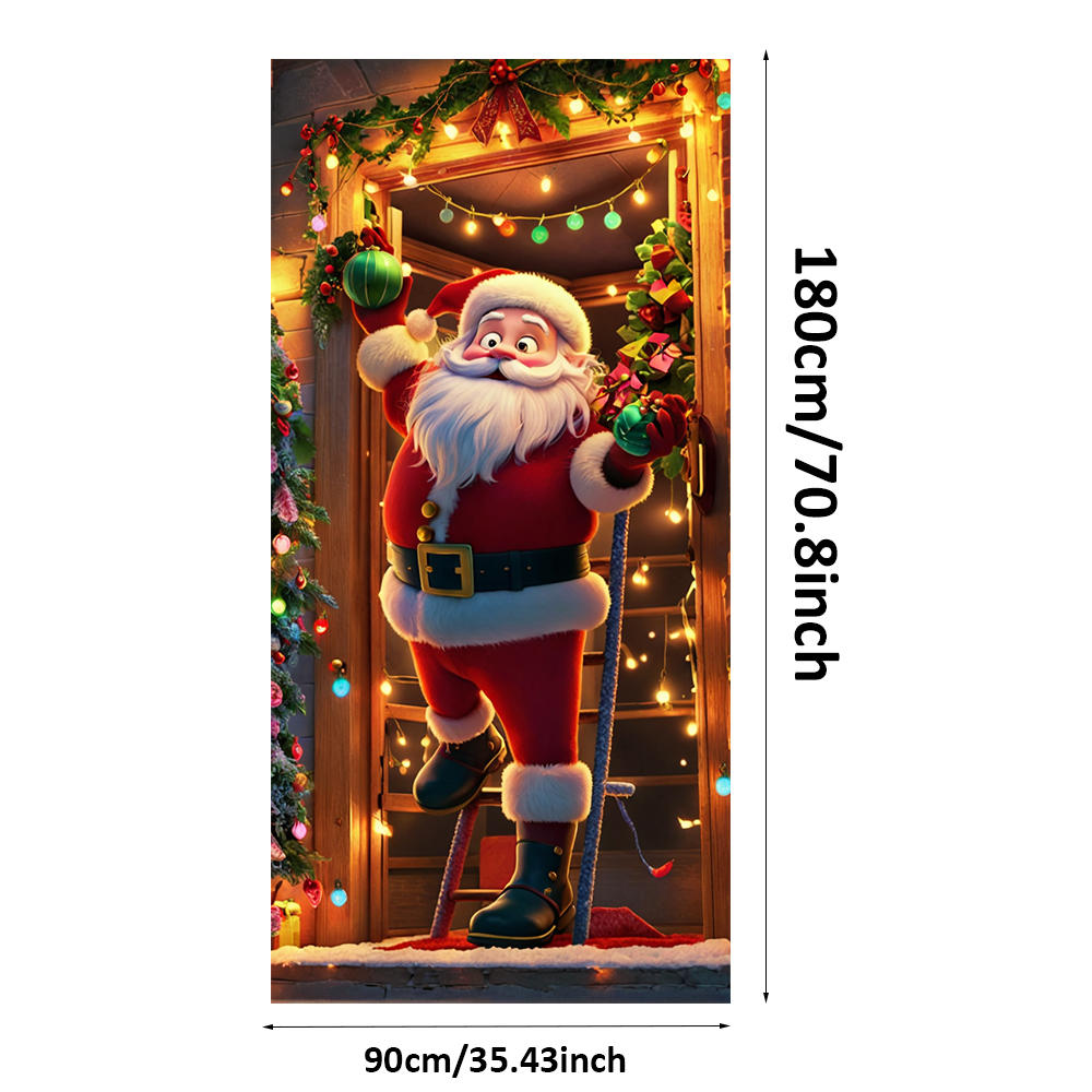 Santa Claus Open The Door Banner Door Cover Decoration Polyester Merry Christmas Winter New Year Holiday Photo Booth Navidad