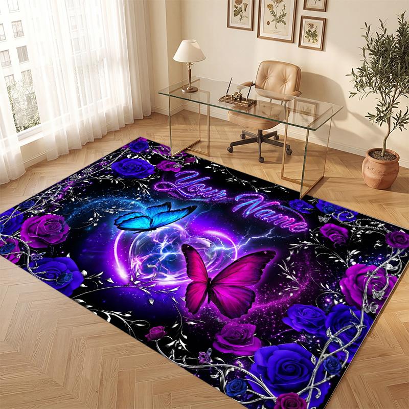 Butterfly Theme Soft Crystal Velvet Rug Custom Name & Text Print Non Slip Floor Rug for Bedroom Living Room