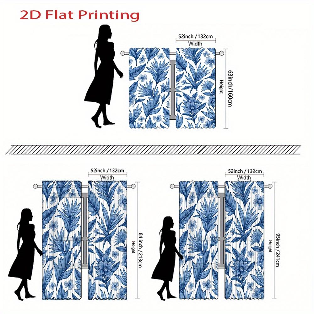 Flat Printing Curtains Blue Floral Leaf Pattern Curtain Polyester Fabric Material Home Deco Set Of 2 Made With Rod Pocket