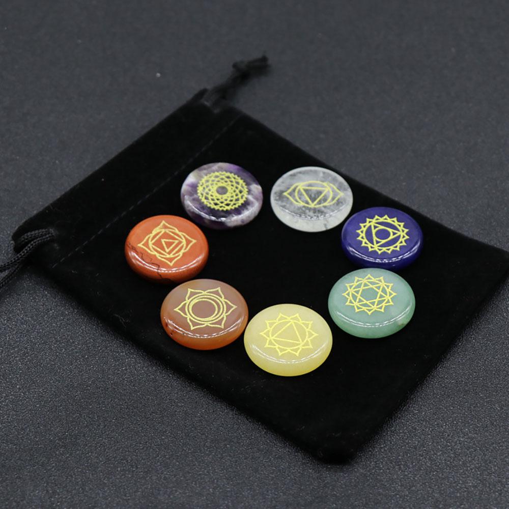 7 Chakra Crystal Stones Natural Reiki Healing Crystals Gemstones Engraved Symbol Tumbled Polished Stone Kit Meditation Therapy