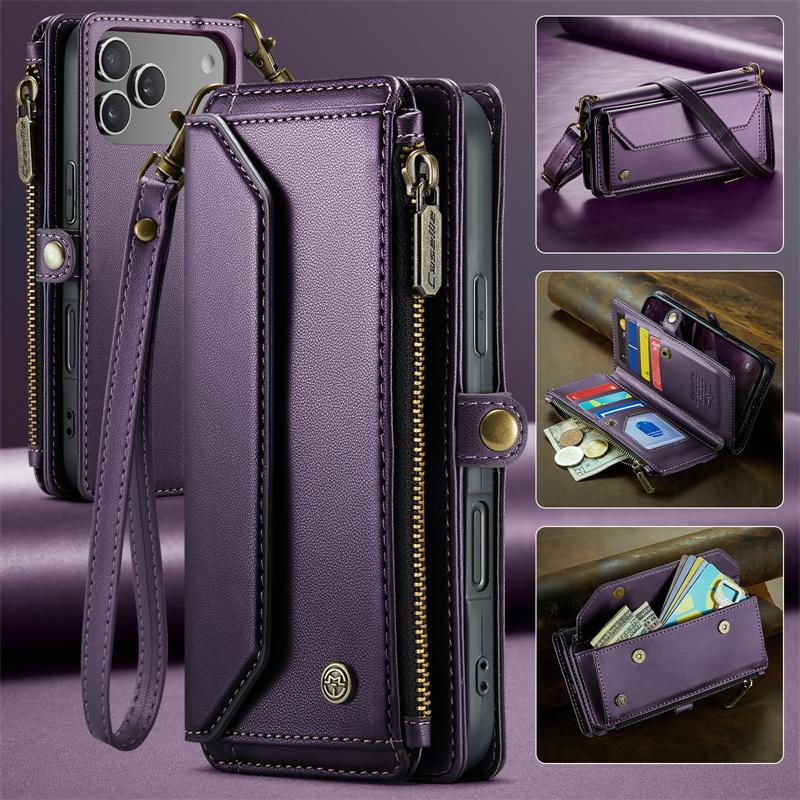 Capa de Celular de Couro Flip com Cordão Longo para iPhone 17 Pro Max Air 16E 16 Plus 15 14 13 12 11 X XS XR SE 2022 8 Carteira com Zíper Porta Multi Cartões Capa