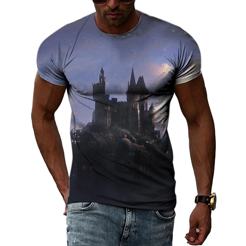 Zajímavé Kreativní Kresba Hrad Krajina Muži Trička 3D Móda Ležérní Osobnost Hip Hop Harajuku Potisk Tričko s krátkým rukávem